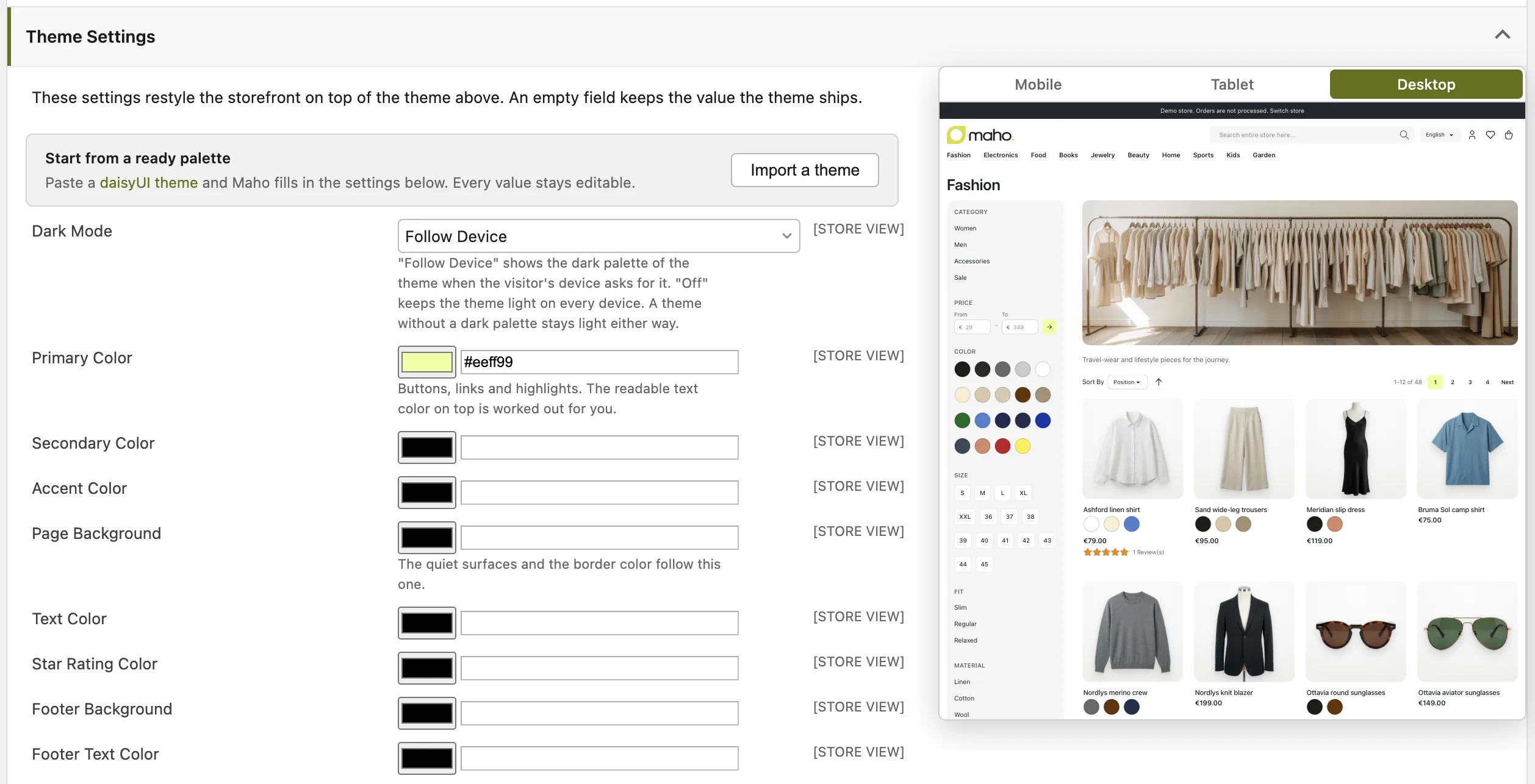 Theme Settings in the Maho admin: the color, font and radius fields on the left, and a live preview of the Fashion theme on the right