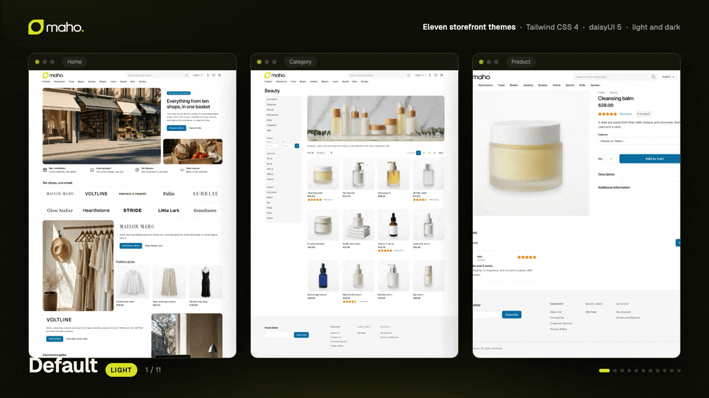 The eleven Maho storefront themes, home, category and product page, light and dark