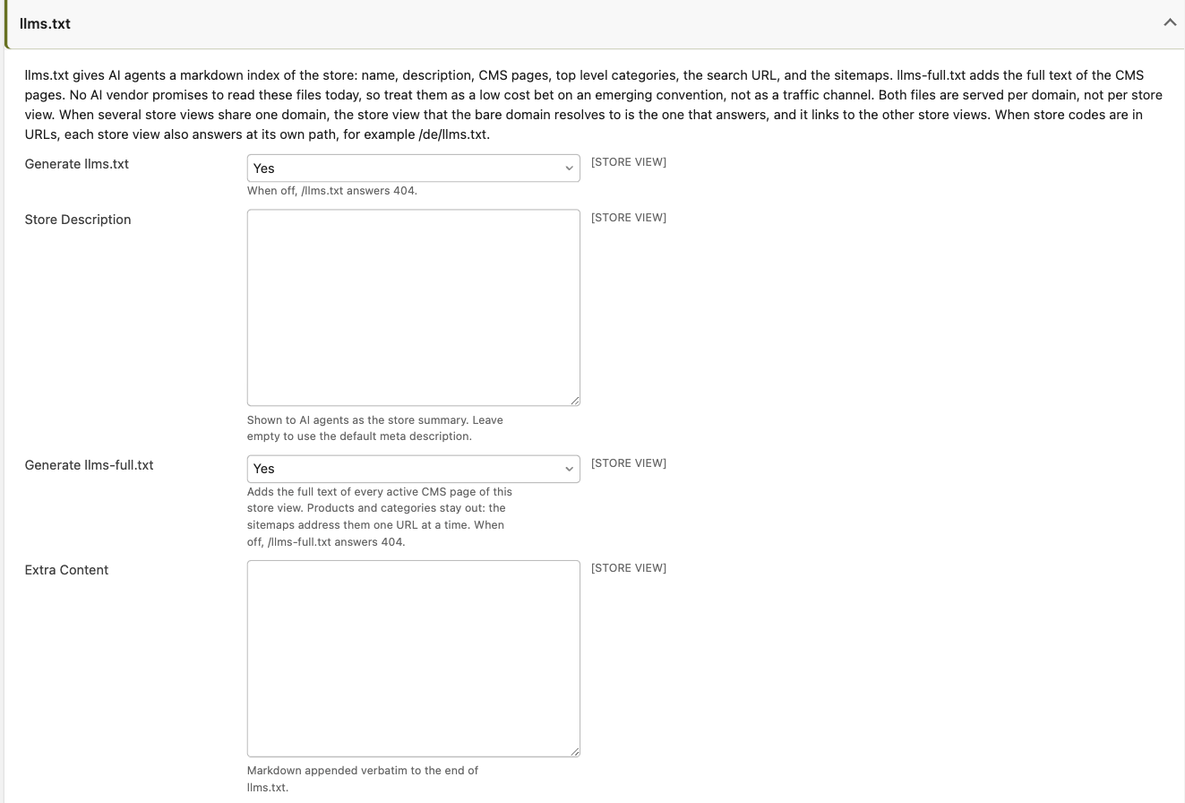 The llms.txt configuration group in the Maho admin