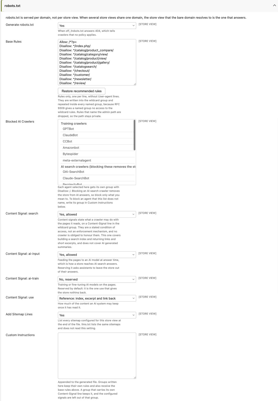The robots.txt configuration group in the Maho admin