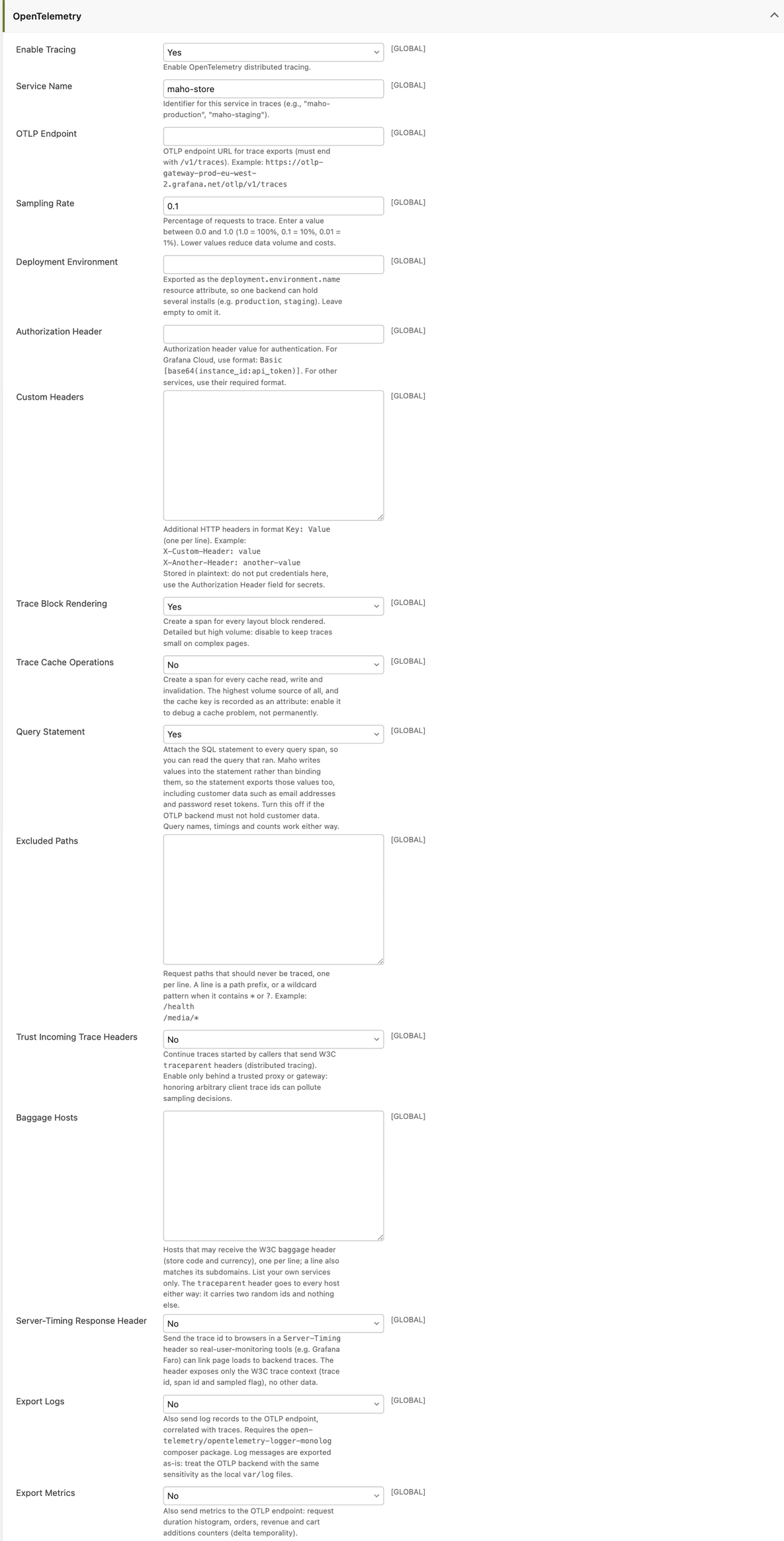 The OpenTelemetry configuration group in the Maho admin