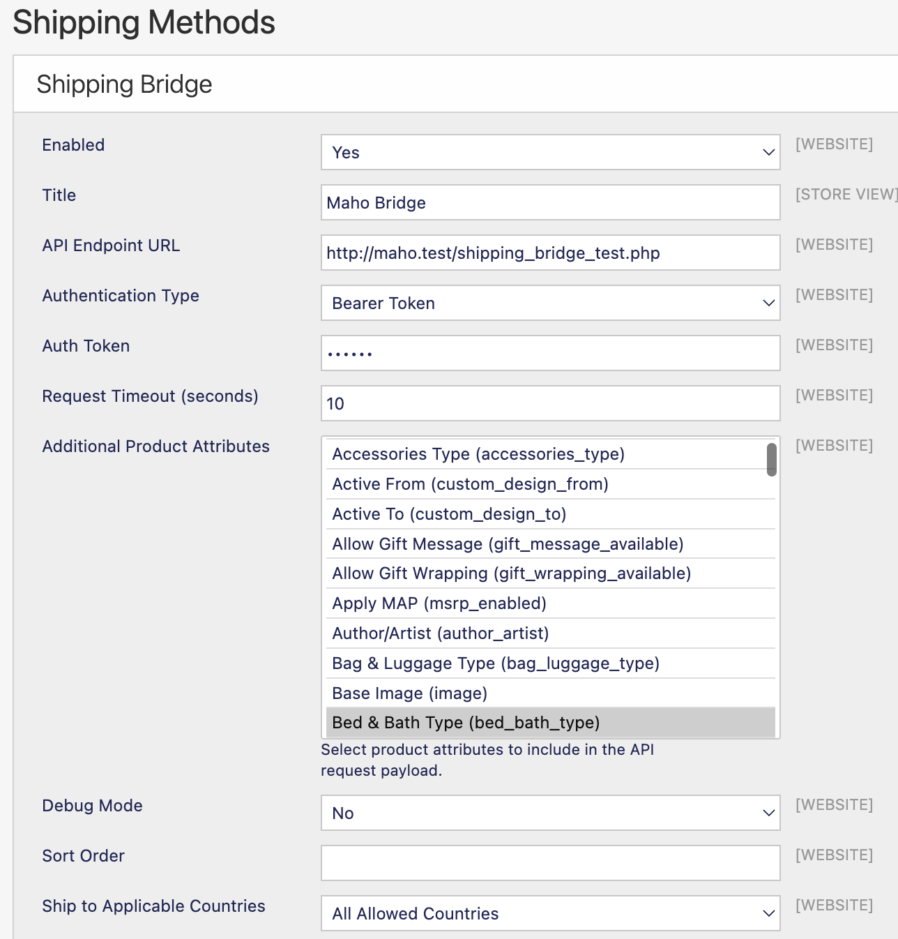 Shipping Bridge configuration in the admin panel