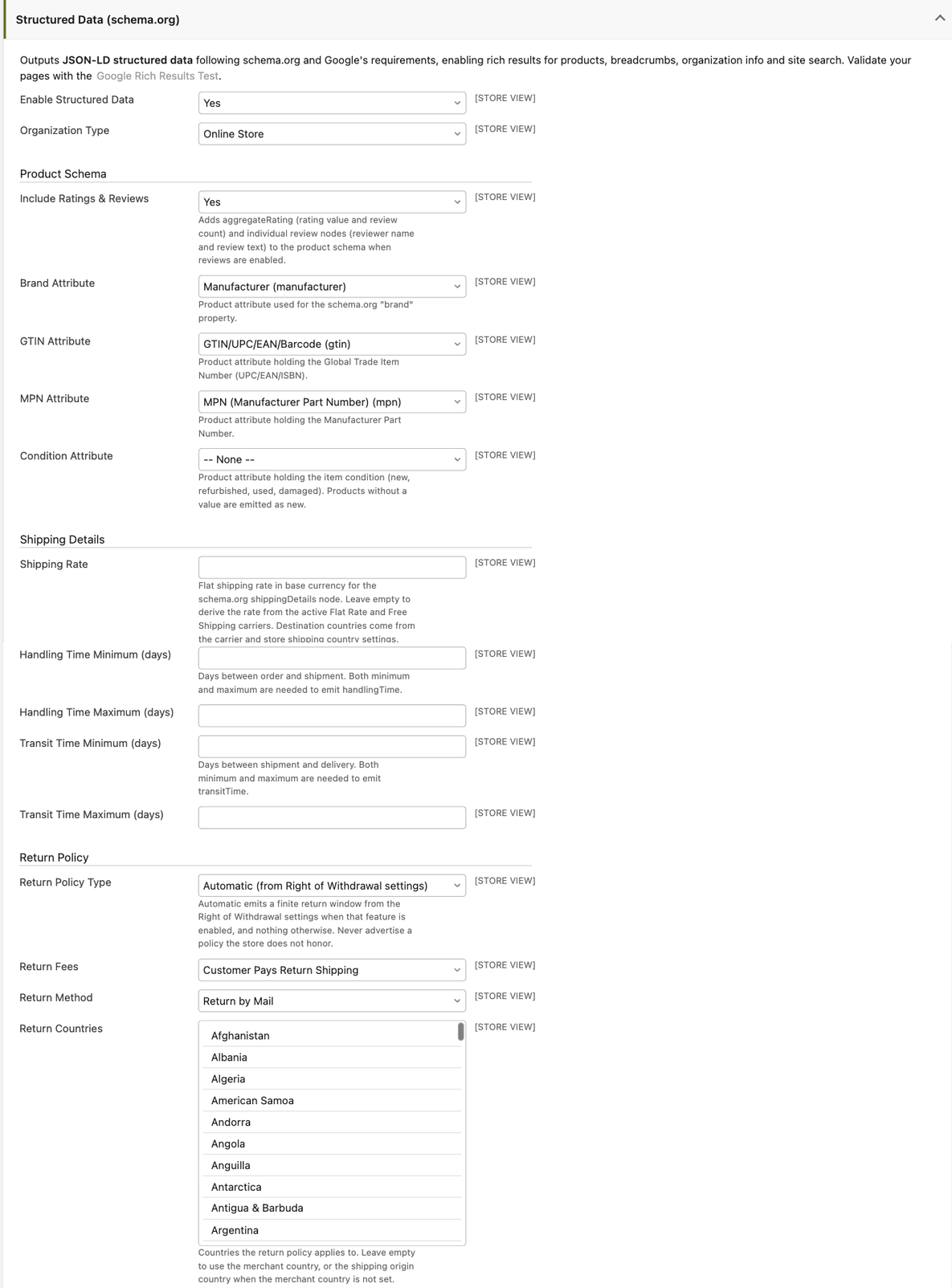 The Structured Data configuration group in the Maho admin