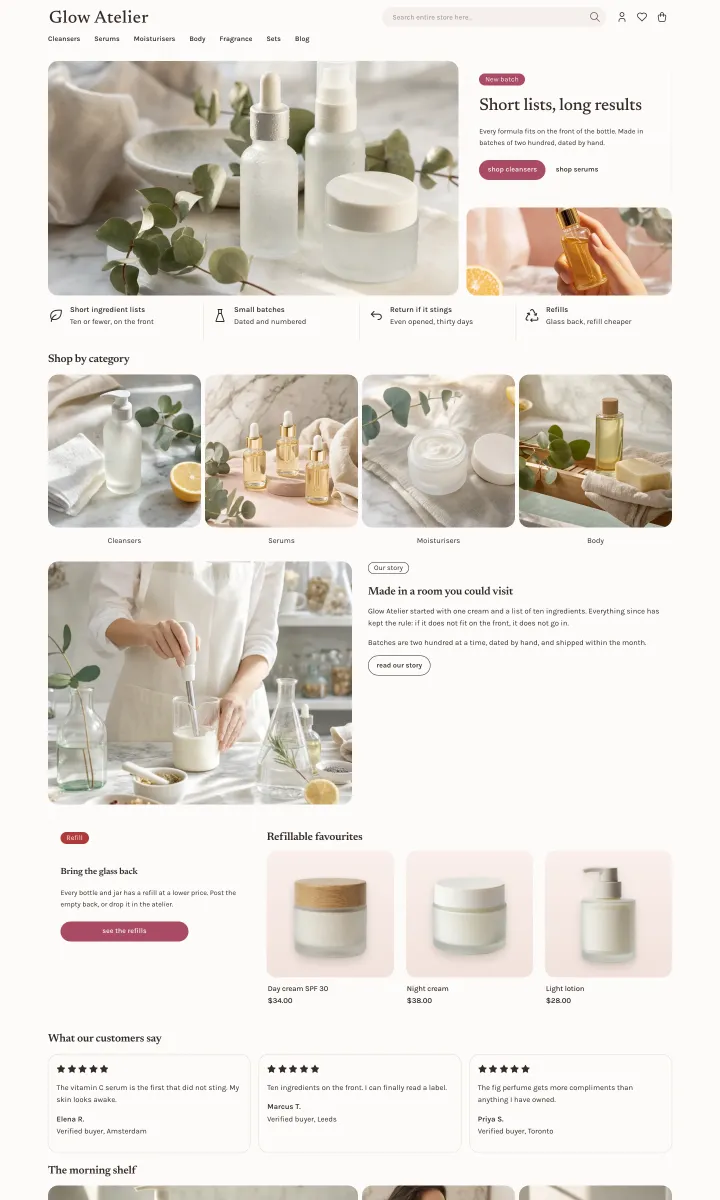 Beauty theme, home page, light mode