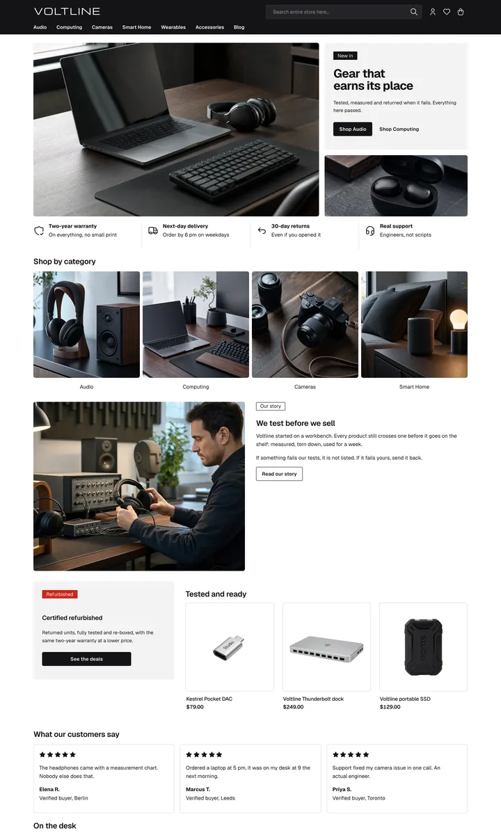 Electronics theme, home page, light mode