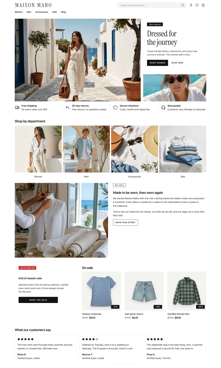 Fashion theme, home page, light mode
