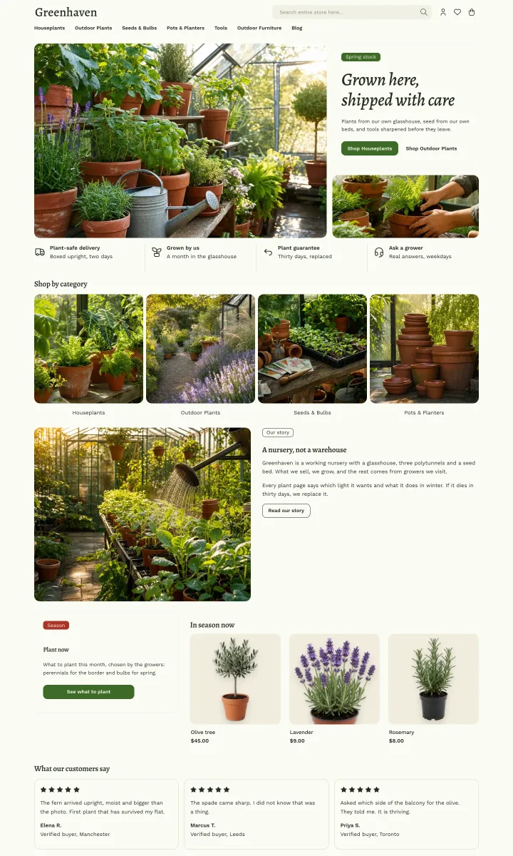 Garden theme, home page, light mode