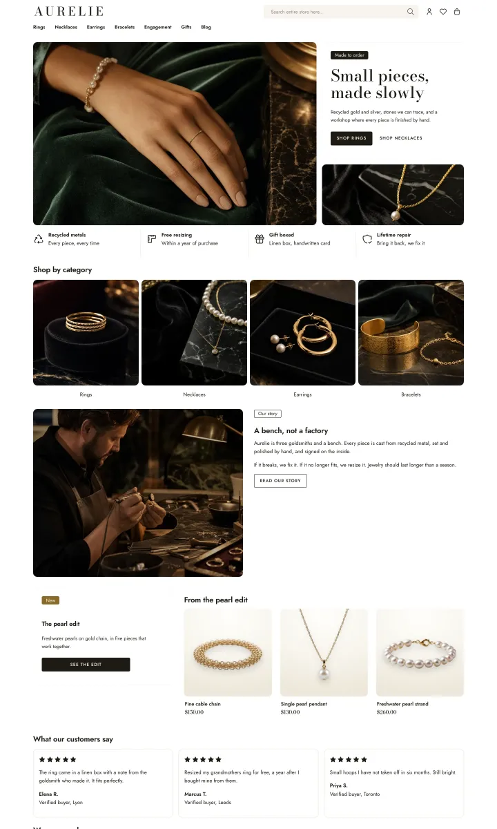 Jewelry theme, home page, light mode