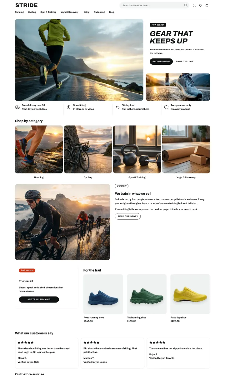 Sports theme, home page, light mode