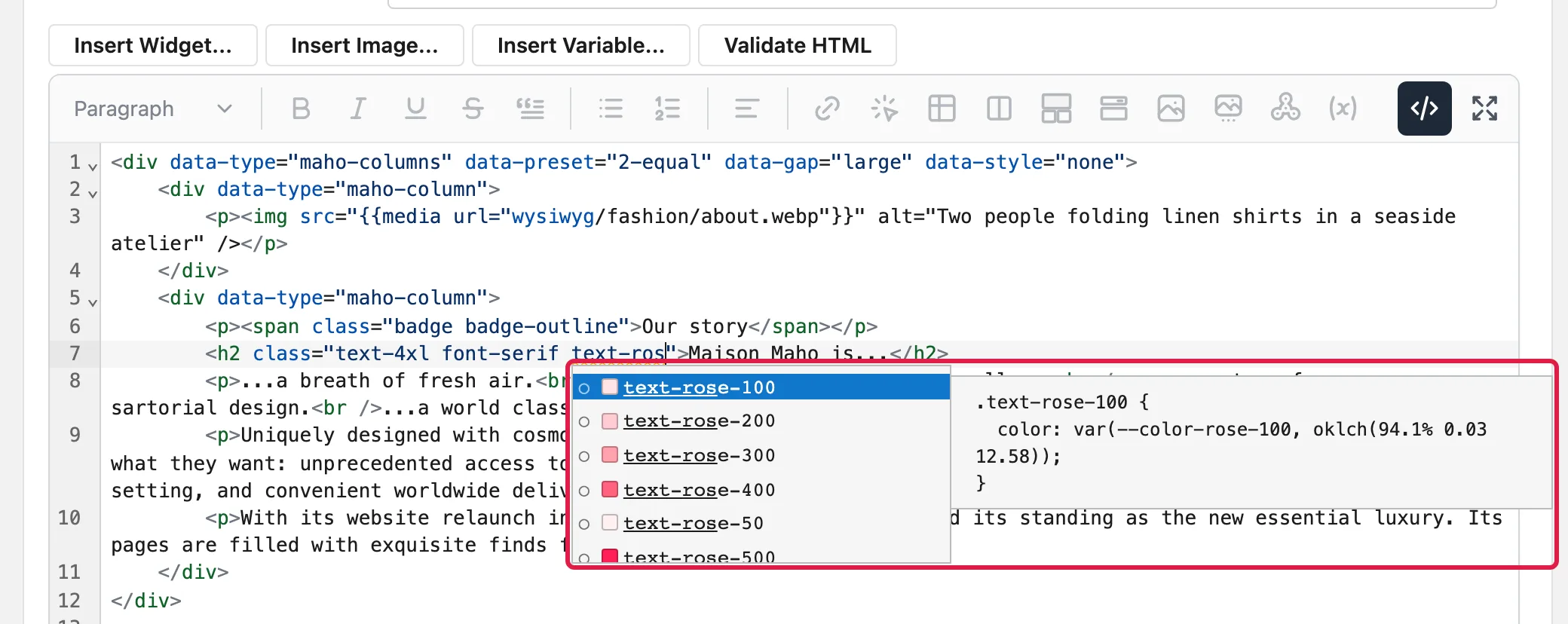 The class completion of the code editor, with the color of each class and the CSS of the selected class