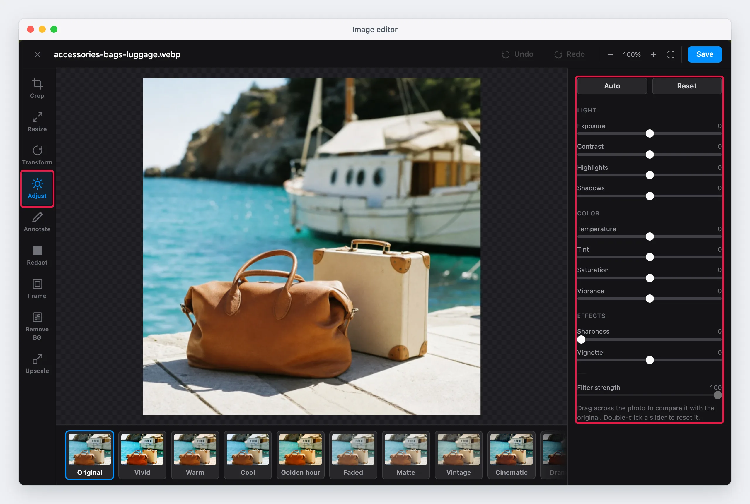 The Adjust tool, with the filters under the photo and the sliders in three groups