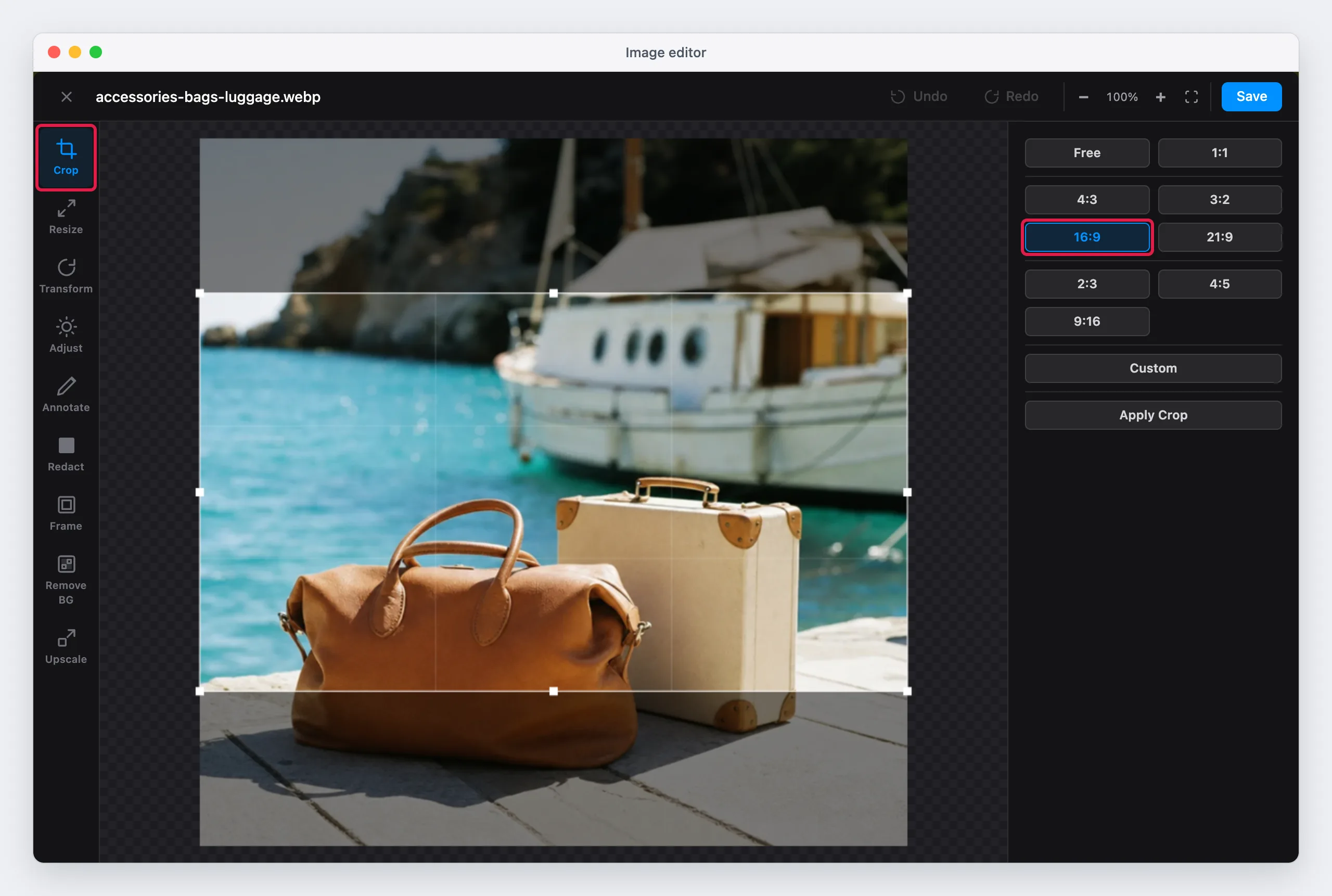 The Crop tool with the 16:9 ratio