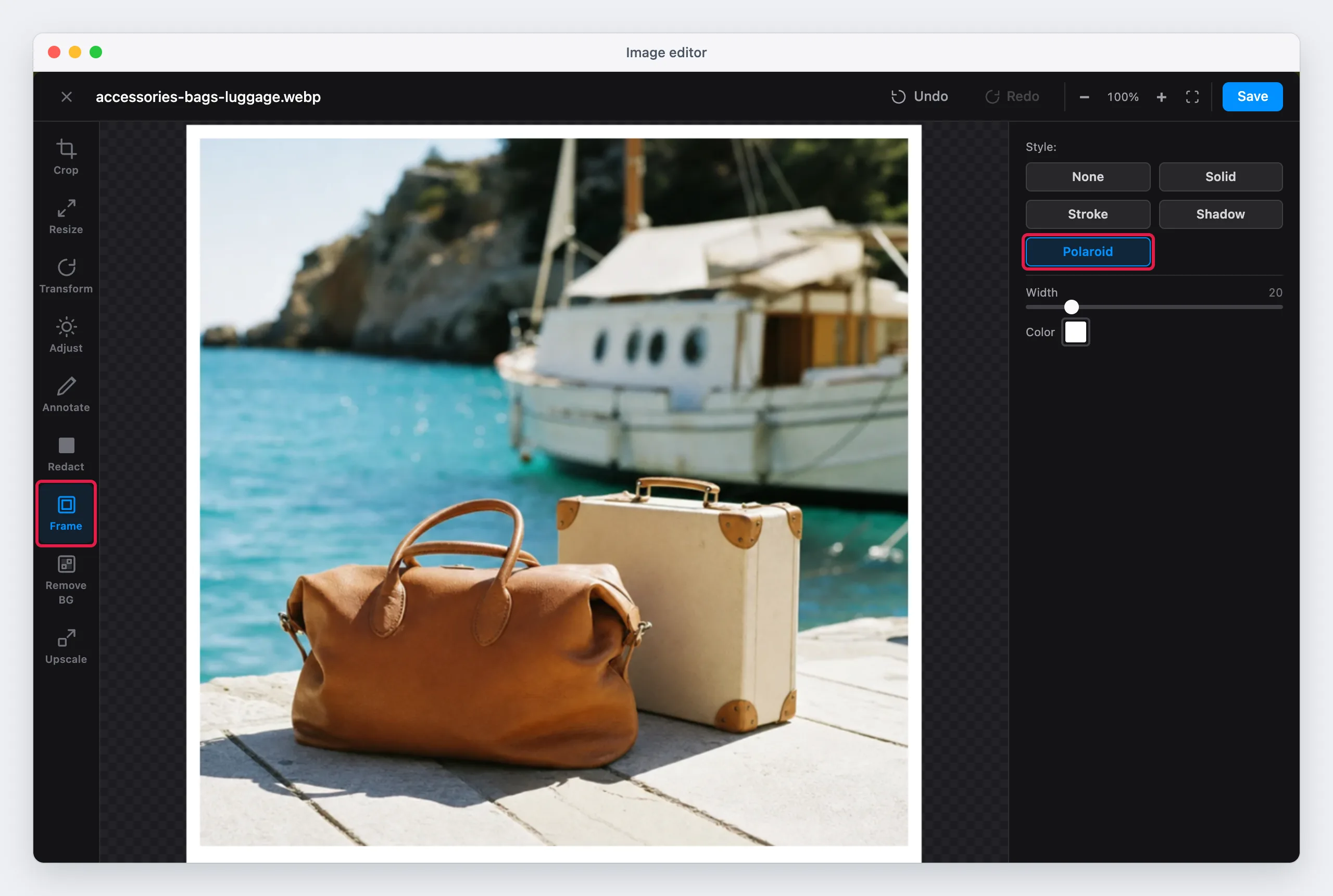 The Frame tool with the Polaroid style