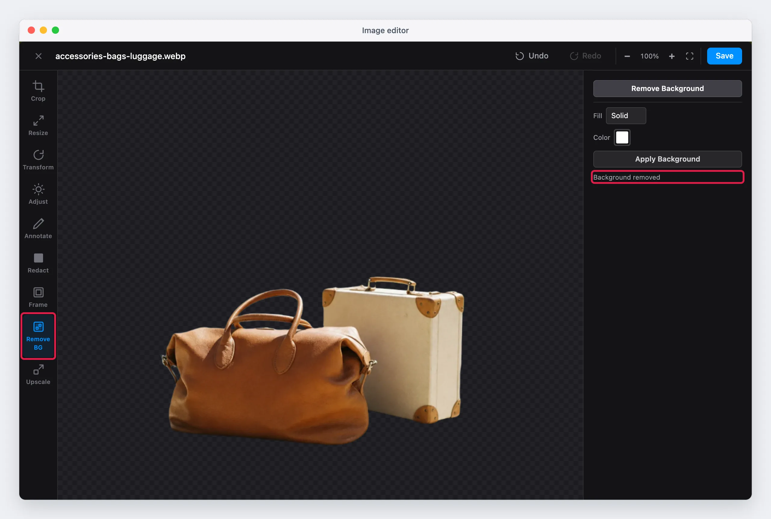 The photo after Remove BG, with the transparent background and the fill options