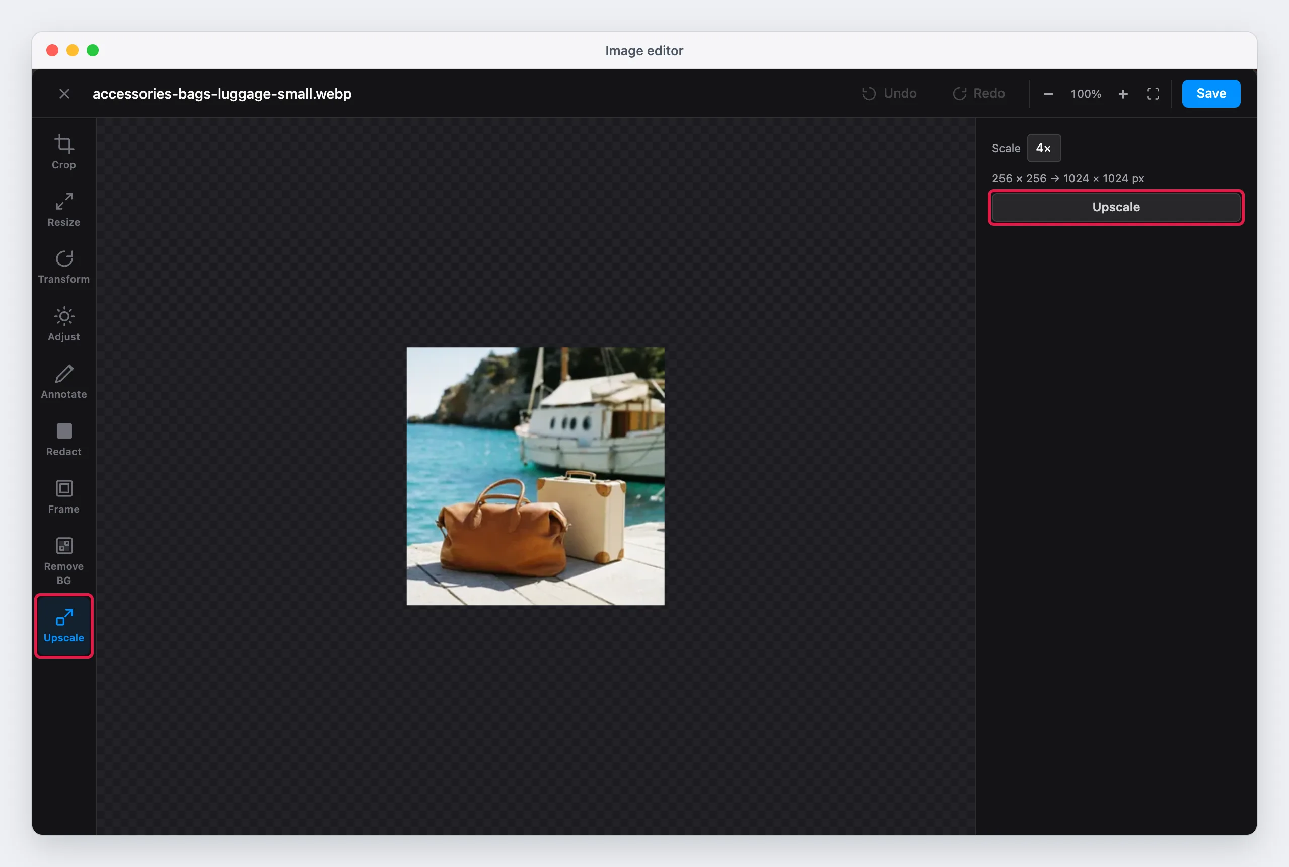 The Upscale tool, with the scale and the size before and after